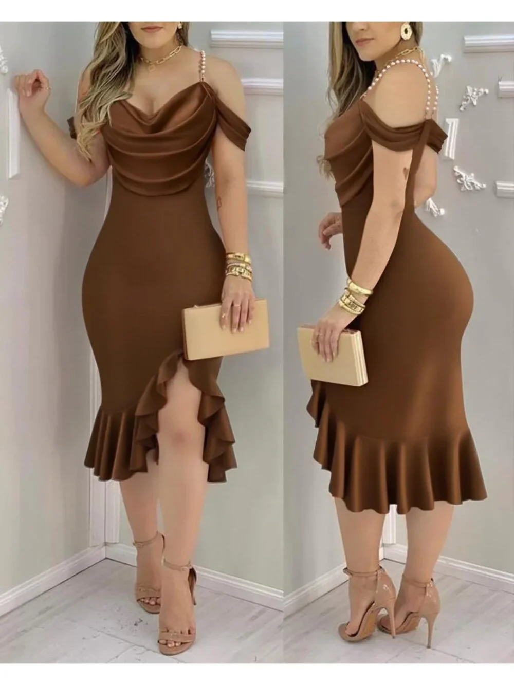 👗Women's Coffee Off Shoulder Design Cocktail  Pearls Strap Bodycon Midi Dress